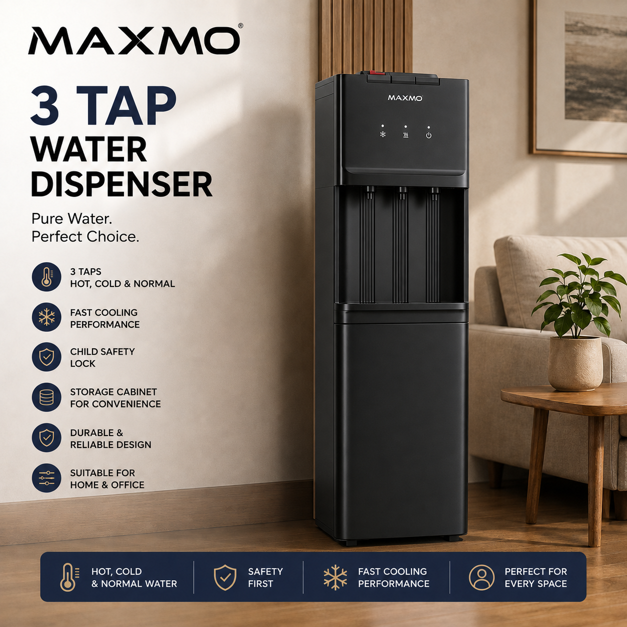 MAX-1180B Maxmo Water Dispenser - 3 Taps (Top Loading with Cabinet) - Image 2